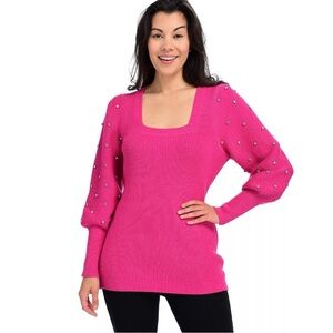 Women’s Pamela McCoy Magenta Balloon Sleeve Square Neck Embellished Sweater